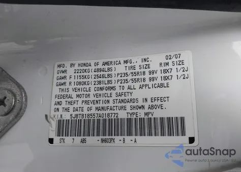 2007 Acura Rdx z USA, uszkodzony, nr VIN 5J8TB18557A018772